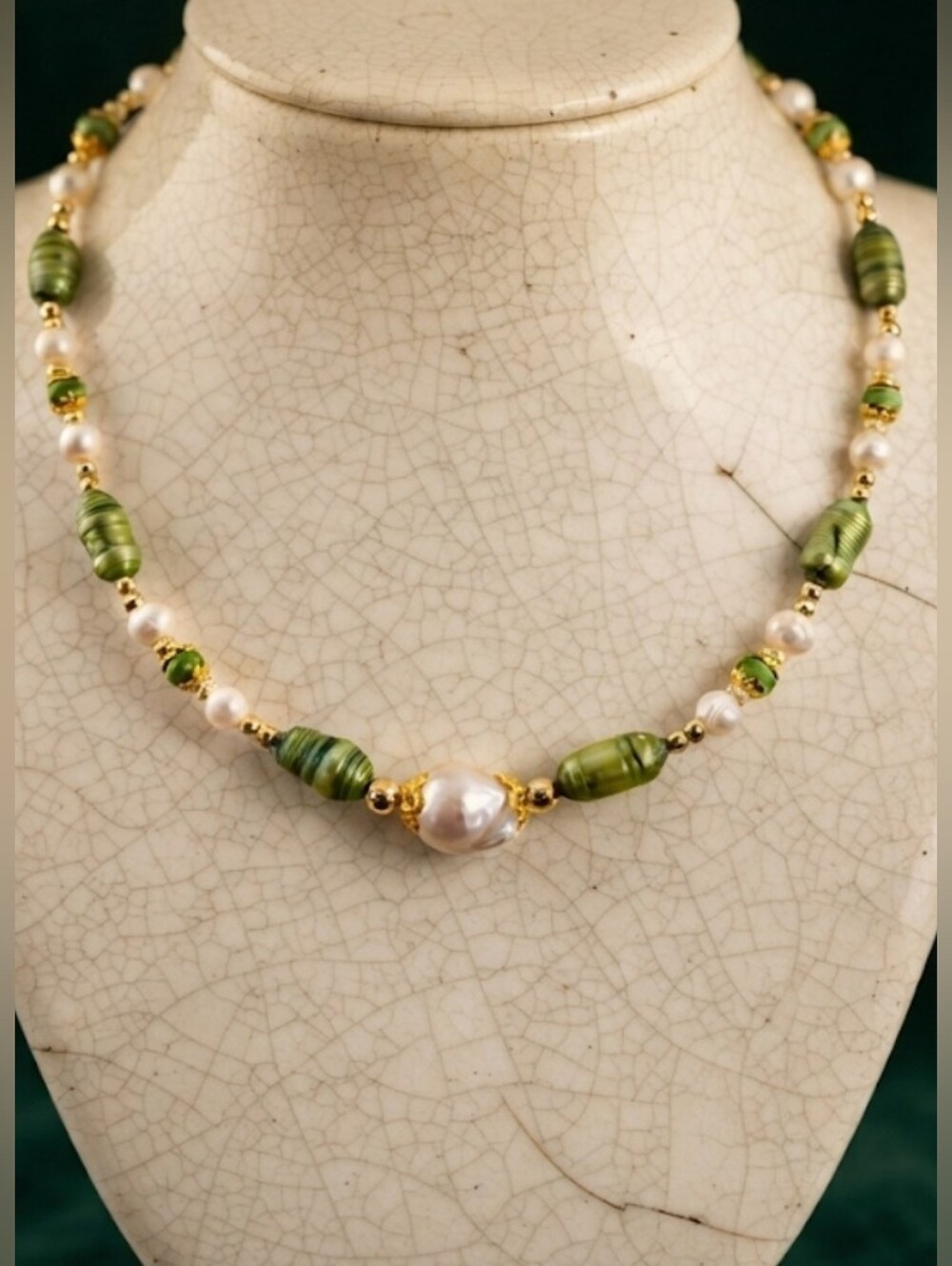 Green & White Freshwater Pearls In All Natural Raw Form Gold Plated Necklace